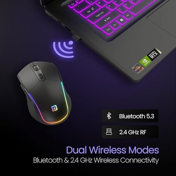 Portronics Toad One Bluetooth Mouse with 2.4 GHz & BT 5.3 Dual Wireless, 6 Buttons, Rechargeable, RGB Lights, Connect 3