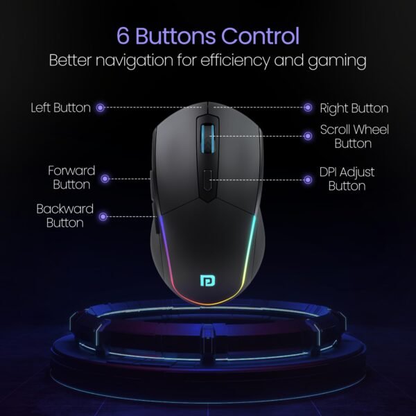 Portronics Toad One Bluetooth Mouse with 2.4 GHz & BT 5.3 Dual Wireless, 6 Buttons, Rechargeable, RGB Lights, Connect 3