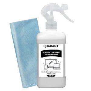 71Rf8L+8wBL._SX522_ QUARANT Screen Cleaning Kit for Laptop, TV, Tablet, Mobile, Display, Glass & Lens, Screen Cleaner Liquid Spray Bottle with 70% Isopropyl Alcohol & 300 GSM Dual Sided 40x40 cm Microfiber Cloth (500 ML)