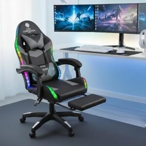 Leather Gaming Ergonomic Chair with Advanced Mechanism with LED Light & Electric Back Massager, Memory Foam Seating