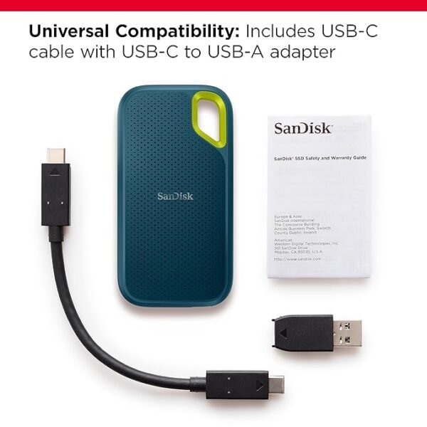 SANDISK Extreme 1TB Portable External SSD, 1050MB/s R, 1000MB/s W, 3m Drop Protection, IP65 Water/dust Resistant, PC,MAC & TypeC Smartphone Compatible,